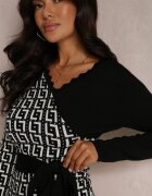 retro & icone Rochie Negru-Albă Tricotată cu Model Geometric cu Decolteu Petrecut Qurrat