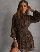 retro & icone Rochie Negru-Bej Cambrată cu Croială Cloș cu Mâneci Transparente și Guler Înalt Relabia