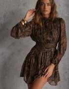 retro & icone Rochie Negru-Bej Cambrată cu Croială Cloș cu Mâneci Transparente și Guler Înalt Relabia
