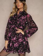retro & icone Rochie Negru-Mov cu croială evazată cu flori cu elastic în talie decorată cu volane Zinilita