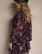 retro & icone Rochie Negru-Mov cu croială evazată cu flori cu elastic în talie decorată cu volane Zinilita