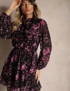 retro & icone Rochie Negru-Mov cu croială evazată cu flori cu elastic în talie decorată cu volane Zinilita