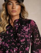 retro & icone Rochie Negru-Mov cu croială evazată cu flori cu elastic în talie decorată cu volane Zinilita