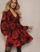 retro & icone Rochie Negru-Roșie cu Trandafiri cu Croială Cloș cu Volane și Mâneci Bufante Senithwen