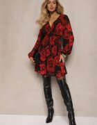 retro & icone Rochie Negru-Roșie cu Trandafiri cu Croială Cloș cu Volane și Mâneci Bufante Senithwen