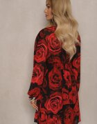 retro & icone Rochie Negru-Roșie cu Trandafiri cu Croială Cloș cu Volane și Mâneci Bufante Senithwen
