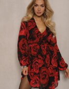 retro & icone Rochie Negru-Roșie cu Trandafiri cu Croială Cloș cu Volane și Mâneci Bufante Senithwen