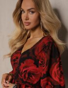 retro & icone Rochie Negru-Roșie cu Trandafiri cu Croială Cloș cu Volane și Mâneci Bufante Senithwen