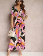 retro & icone Rochie Negru-Roz Cloș cu Mâneci Scurte Tip Liliac Leraphi