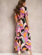 retro & icone Rochie Negru-Roz Cloș cu Mâneci Scurte Tip Liliac Leraphi
