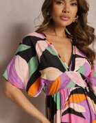 retro & icone Rochie Negru-Roz Cloș cu Mâneci Scurte Tip Liliac Leraphi