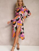 retro & icone Rochie Negru-Roz Cloș Midi cu decolteu petrecut cu curea și model abstract Orabella