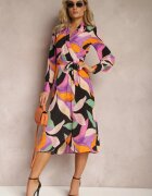 retro & icone Rochie Negru-Roz Cloș Midi cu decolteu petrecut cu curea și model abstract Orabella