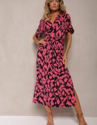 retro & icone Rochie Negru-Roz cu Decolteu suprapus și Decupaje decorative cu elastic în talie și Curea Bonlea