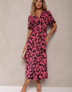 retro & icone Rochie Negru-Roz cu Decolteu suprapus și Decupaje decorative cu elastic în talie și Curea Bonlea