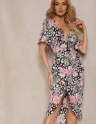 retro & icone Rochie Negru-Roz Florală cu croială petrecută cu elastic în talie și decolteu în V Azila
