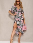 retro & icone Rochie Negru-Roz Florală cu croială petrecută cu elastic în talie și decolteu în V Azila