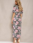 retro & icone Rochie Negru-Roz Florală cu croială petrecută cu elastic în talie și decolteu în V Azila