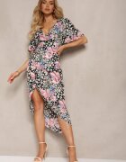 retro & icone Rochie Negru-Roz Florală cu croială petrecută cu elastic în talie și decolteu în V Azila