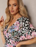 retro & icone Rochie Negru-Roz Florală cu croială petrecută cu elastic în talie și decolteu în V Azila