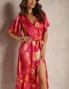 retro & icone Rochie Petrecută Fucsia-Portocalie cu elastic în talie legată cu cordon textil Vikisana