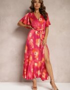 retro & icone Rochie Petrecută Fucsia-Portocalie cu elastic în talie legată cu cordon textil Vikisana