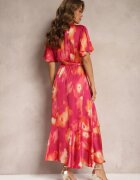 retro & icone Rochie Petrecută Fucsia-Portocalie cu elastic în talie legată cu cordon textil Vikisana