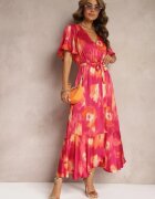retro & icone Rochie Petrecută Fucsia-Portocalie cu elastic în talie legată cu cordon textil Vikisana
