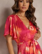 retro & icone Rochie Petrecută Fucsia-Portocalie cu elastic în talie legată cu cordon textil Vikisana