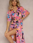 retro & icone Rochie petrecută roz cu decolteu triunghiular și curea din material în talie Minolia