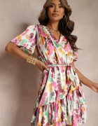 retro & icone Rochie Petrecută Roz cu Volane și Cordon Legat Arvey