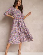 retro & icone Rochie Plisată Maxi Albastru-Roz cu elastic în talie și curea Sangelo