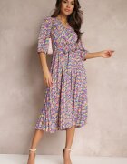 retro & icone Rochie Plisată Maxi Albastru-Roz cu elastic în talie și curea Sangelo