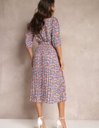 retro & icone Rochie Plisată Maxi Albastru-Roz cu elastic în talie și curea Sangelo