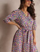 retro & icone Rochie Plisată Maxi Albastru-Roz cu elastic în talie și curea Sangelo