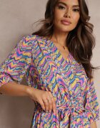 retro & icone Rochie Plisată Maxi Albastru-Roz cu elastic în talie și curea Sangelo