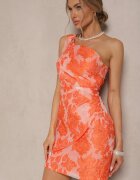 retro & icone Rochie Portocalie cu Imprimeu Floral Croi Cambrat și Parte Superioară Asimetrică pe Un Umar Halavira