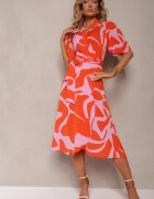 retro & icone Rochie Portocaliu-Roz Petrecută cu Legătură în Talie Uzilena