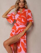 retro & icone Rochie Portocaliu-Roz Petrecută cu Legătură în Talie Uzilena