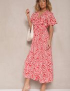 retro & icone Rochie Roșie Cloș cu Inimi cu Șliț pe Lateral și Decolteu în V Sallend