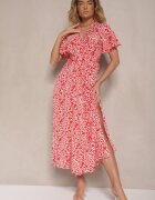 retro & icone Rochie Roșie Cloș cu Inimi cu Șliț pe Lateral și Decolteu în V Sallend