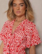 retro & icone Rochie Roșie Cloș cu Inimi cu Șliț pe Lateral și Decolteu în V Sallend