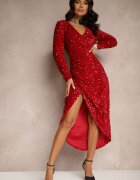 retro & icone Rochie roșie de cocktail plic decorată cu paiete și decupaj asimetric Nerrira