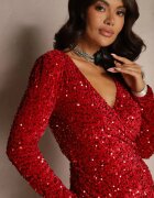 retro & icone Rochie roșie de cocktail plic decorată cu paiete și decupaj asimetric Nerrira