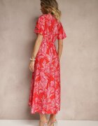retro & icone Rochie Roșie din Viscoză cu Încrețituri și cu Imprimeu Abstract Lanittra