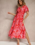 retro & icone Rochie Roșie din Viscoză cu Încrețituri și cu Imprimeu Abstract Lanittra