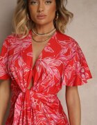 retro & icone Rochie Roșie din Viscoză cu Încrețituri și cu Imprimeu Abstract Lanittra