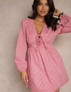 retro & icone Rochie Roșie Evazată cu carouri Vichy cu legătură la decolteu Koemis