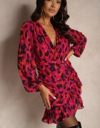retro & icone Rochie Roșie Înncrețită Cambrată Leopard Cu decolteu petrecut Cu capsă Cu volane Sintleia