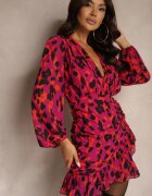 retro & icone Rochie Roșie Înncrețită Cambrată Leopard Cu decolteu petrecut Cu capsă Cu volane Sintleia